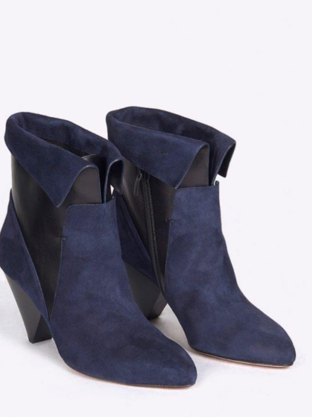 EXC Veronica Beard Laurel Blue Black Suede Cone Heel Ankle Booties 37.5 7-7.5